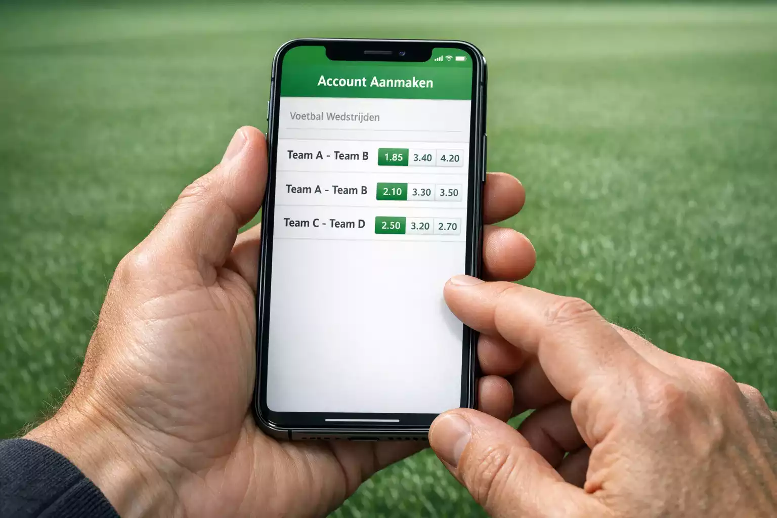 Smartphone met sportweddenschap app interface en voetbalveld achtergrond