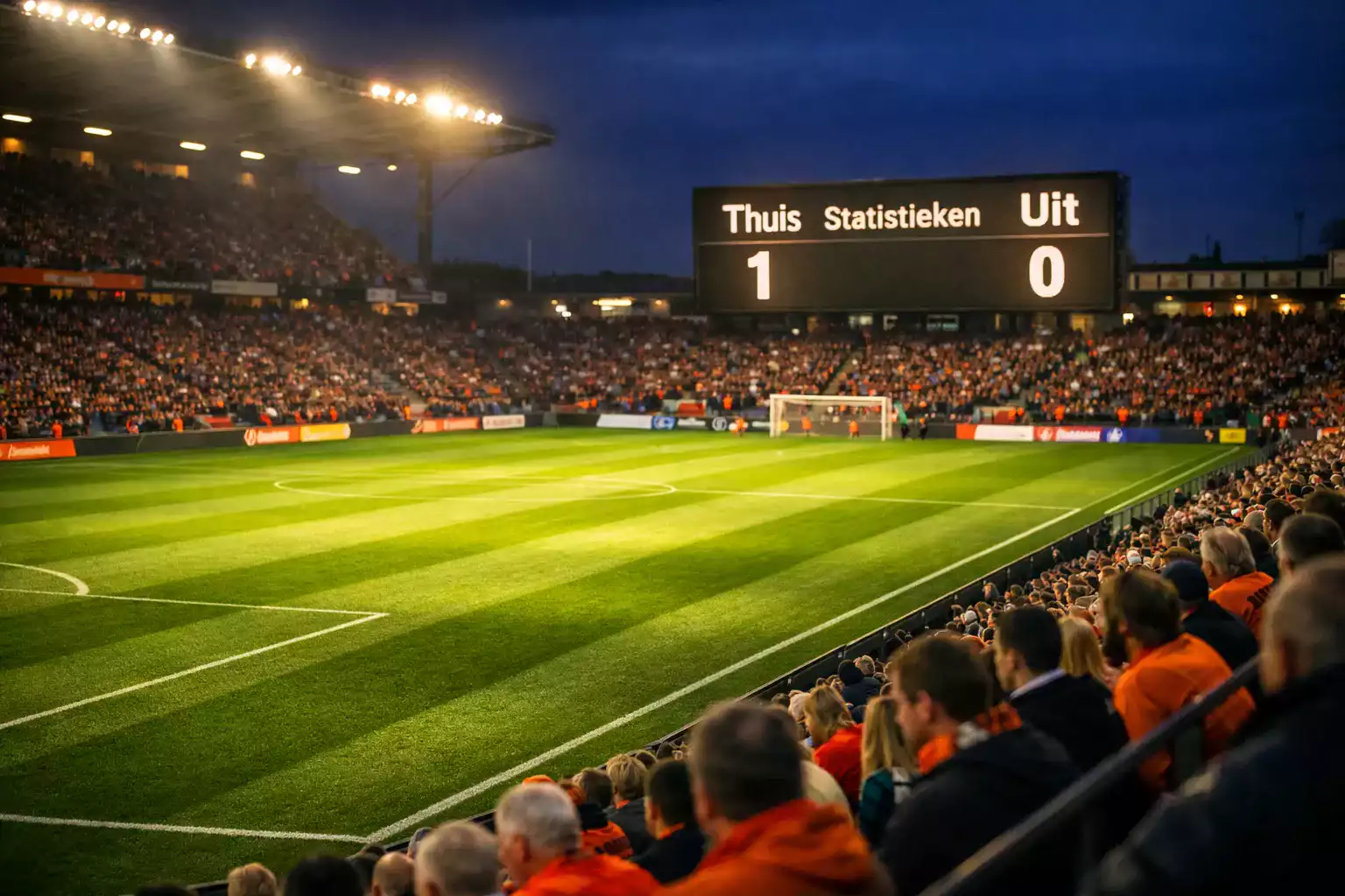 Nederlands voetbalstadion tijdens Eredivisie-wedstrijd met verlichte tribune