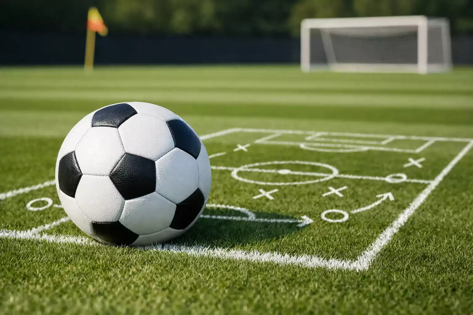 Voetbal op grasveld met tactische lijnen en spelopstelling